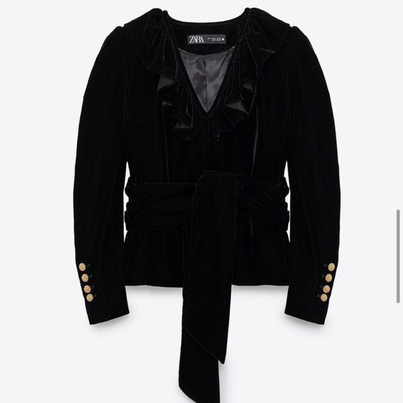 🌙ZARA black ruffled tie belt velvet blazer🌙 - Picture 2 of 10